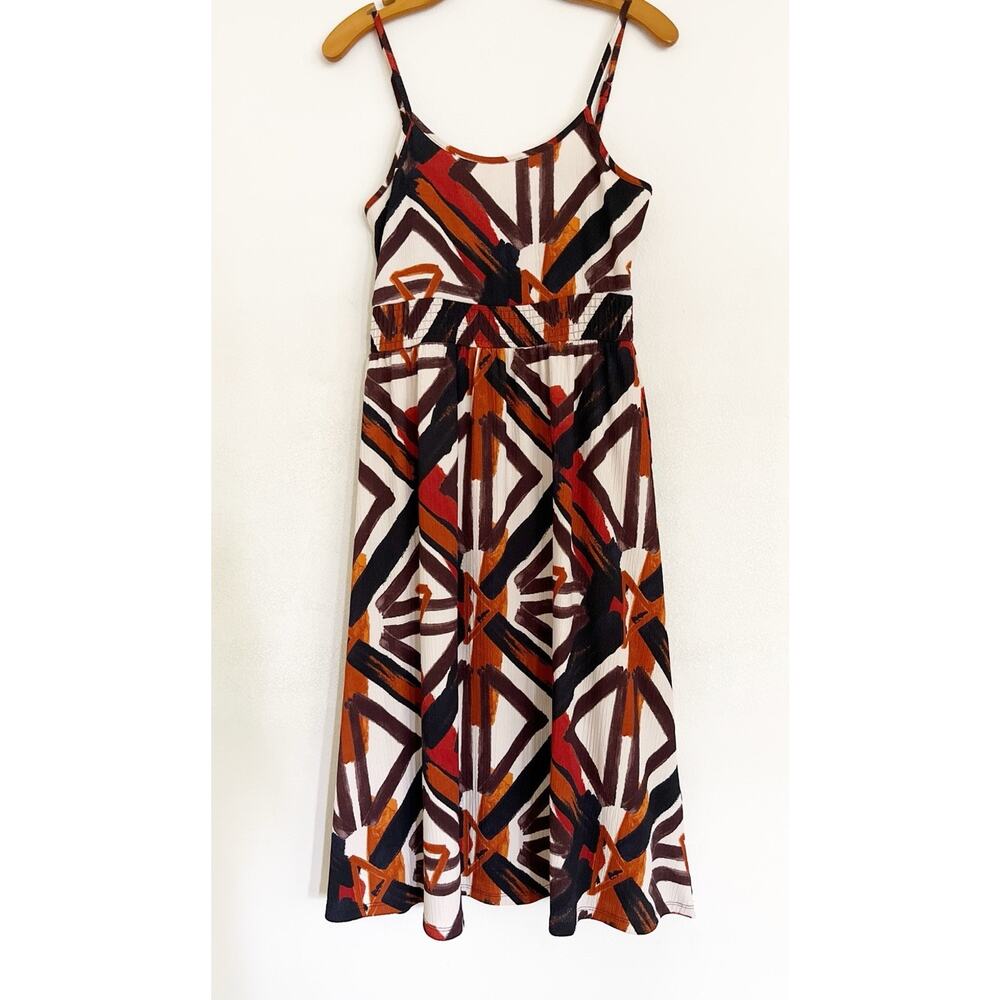 Go Fashion London Dress Sz S Midi Pullover Elastic Waist Straps Geometric Print